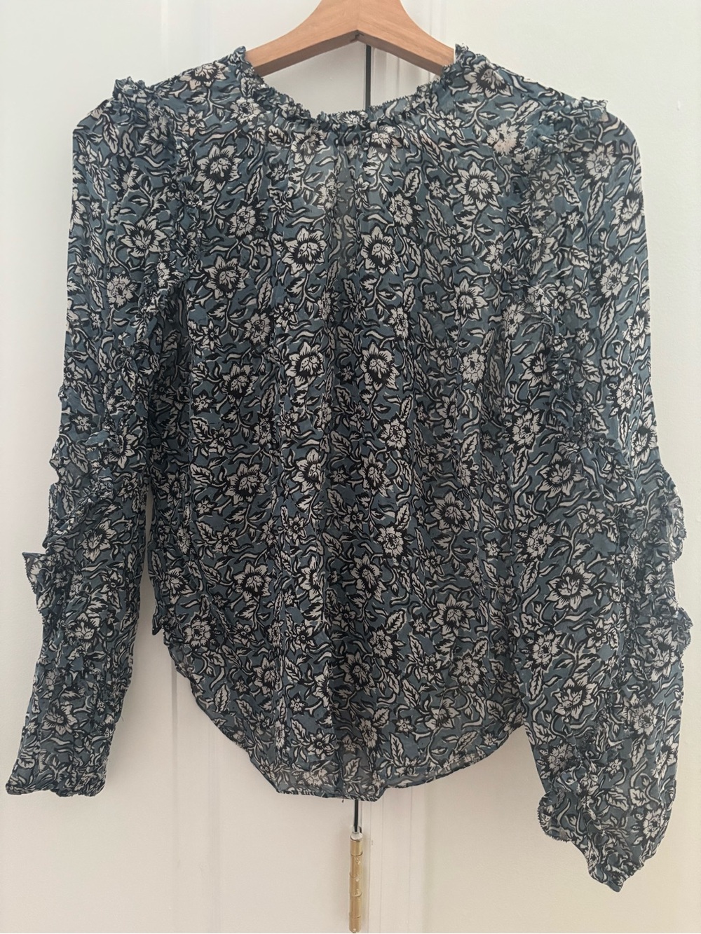 Veronica Beard Blue Floral Ruffle-Neck Blouse